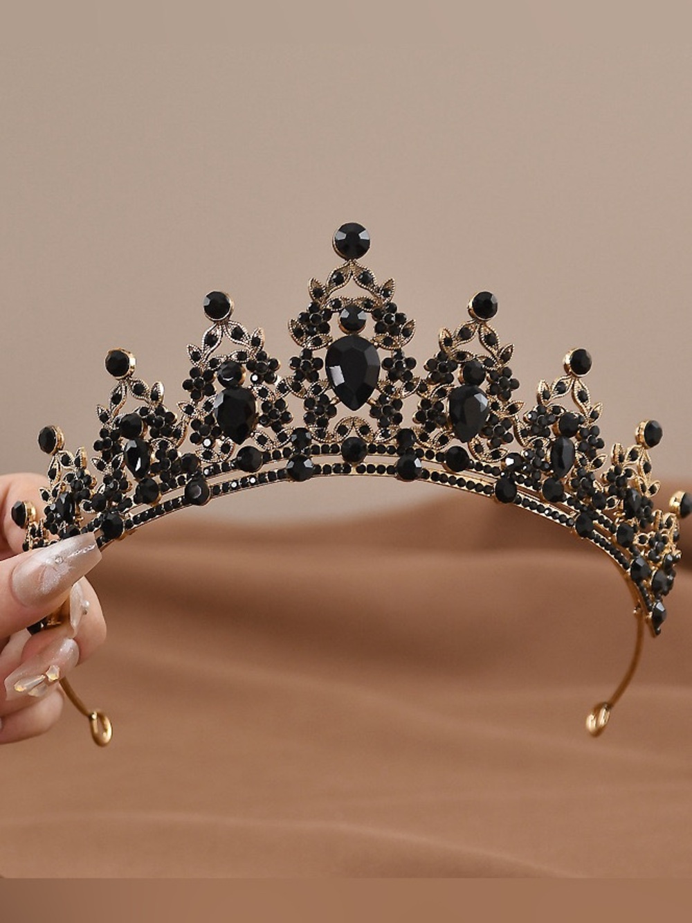 Black Crystal Bridal Tiara with Gold Frame - Women Accessories
